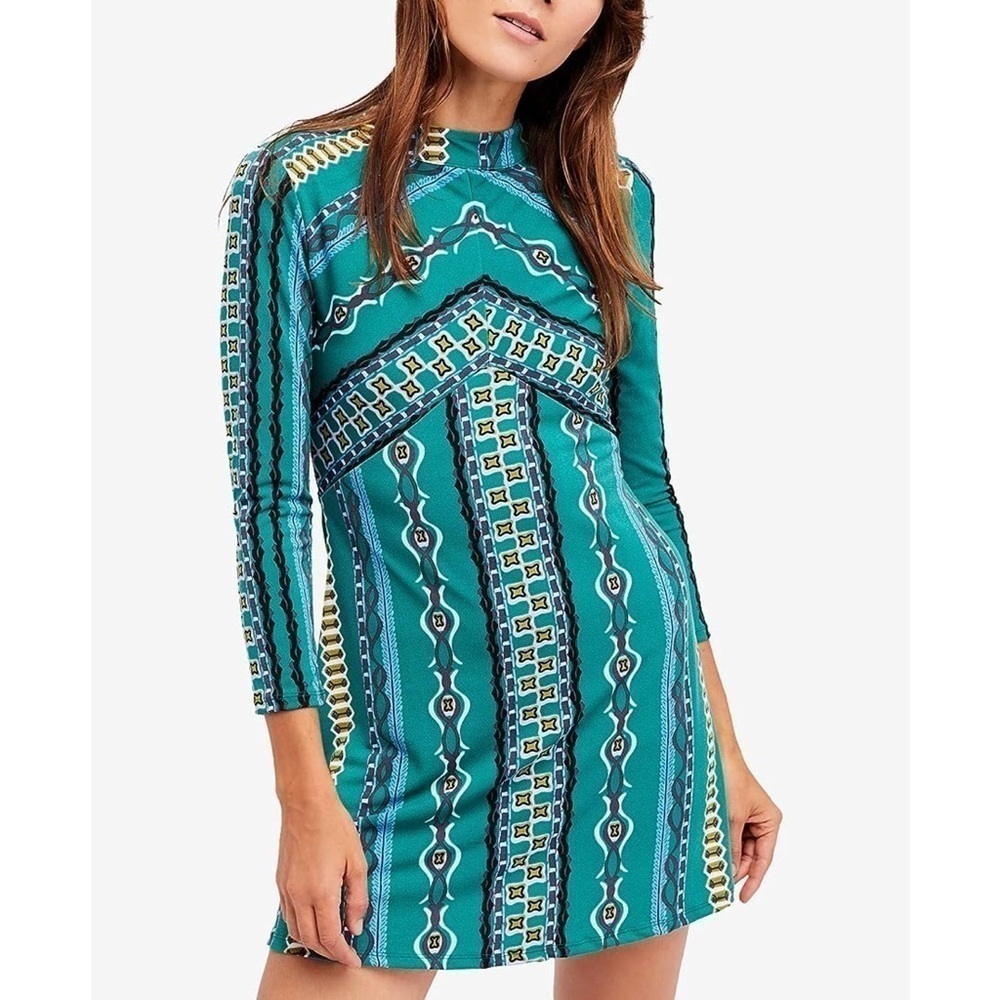 Free People Green Boho Long Sleeve Mock Neck Mini Dress Sz XS